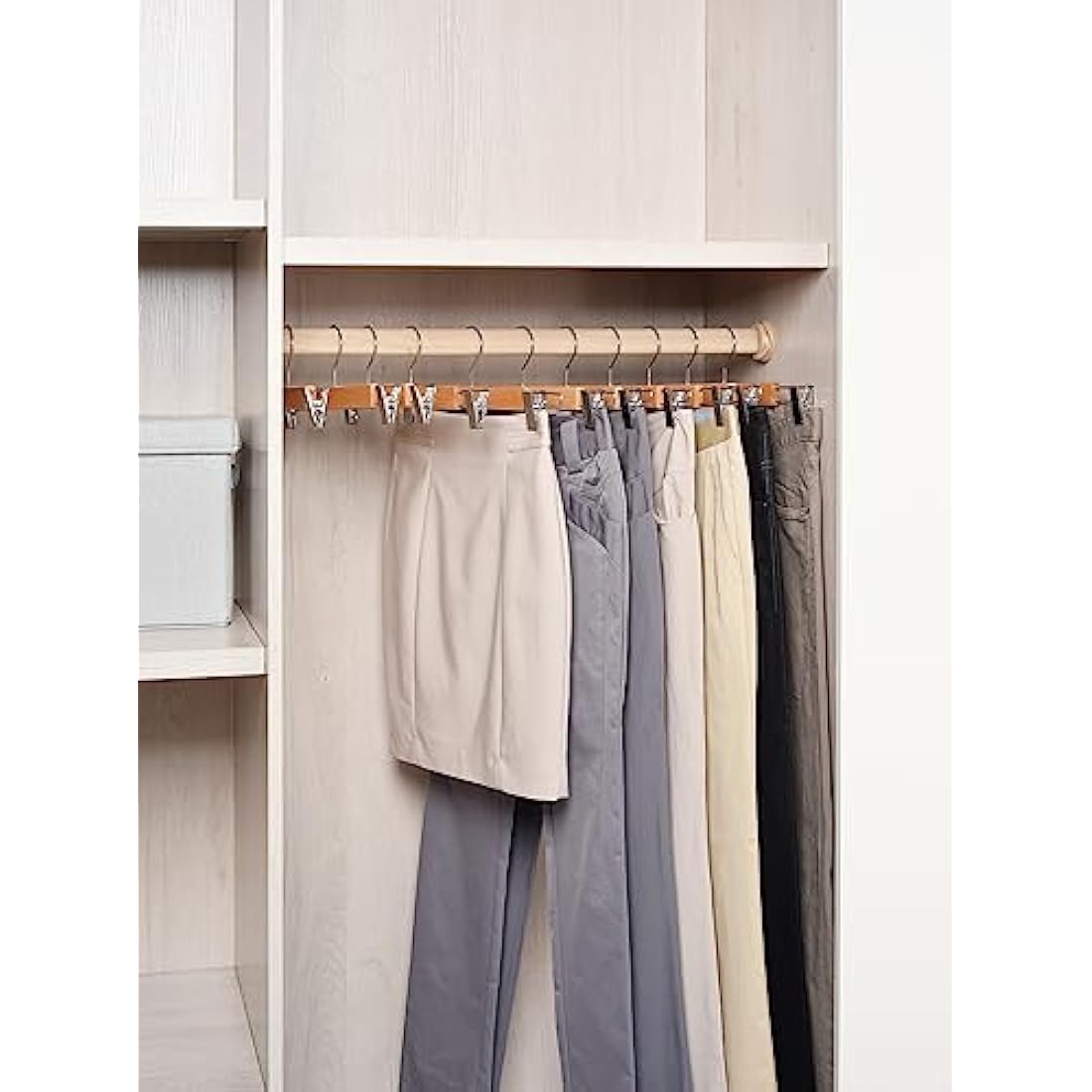 Amber Home 36cm Natural Wooden Pants Hangers 20pcs, Smooth Wood Skirt Hanger Organizer with Adjustable Anti-Slip Chrome Clips, Space Saving Solid Clothes Hangers Rack for Bottoms Jeans Slacks Trousers