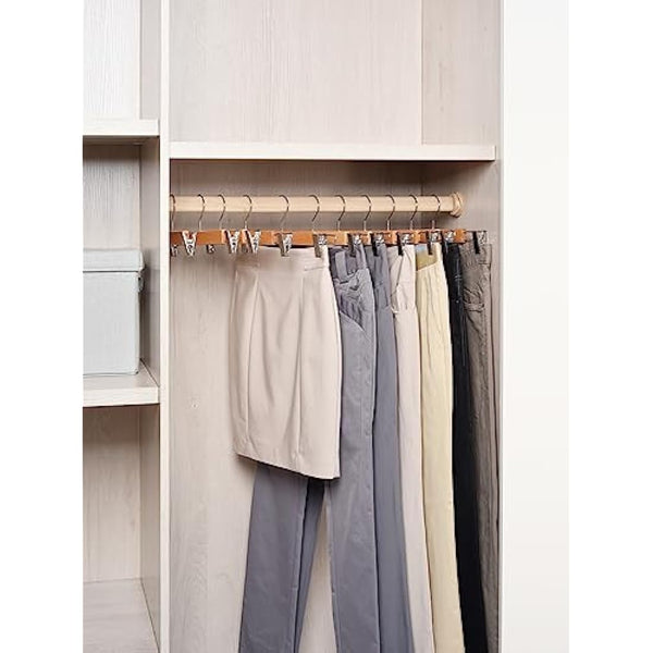 Amber Home 36cm Natural Wooden Pants Hangers 20pcs, Smooth Wood Skirt Hanger Organizer with Adjustable Anti-Slip Chrome Clips, Space Saving Solid Clothes Hangers Rack for Bottoms Jeans Slacks Trousers