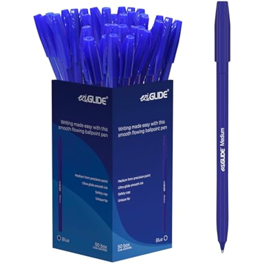 Eziglide Ballpoint Pen Set, 50-Pack Blue – Easy Grip Writing Pens with Medium Point (1.0mm) for Ultra-Smooth, Skip-Free Writing – Ideal for Office, Work, Exams, School & Stationery Use