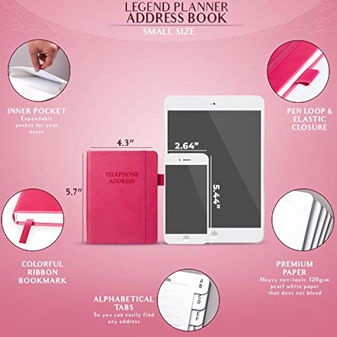 Legend Planner Address Book with Alphabetical Tabs – Mini Telephone Contacts Book for Phone Numbers, Addresses, Passwords, Small (Hot Pink)