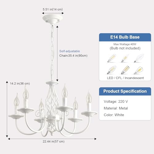 JIINOO French Country Chandeliers, 6 Light Vintage White Chandeliers Ceiling Light, Rustic Pendant Chandelier, Height Adjustable Farmhouse Pendant Light Fixture for Kitchen Dining Room Living Room