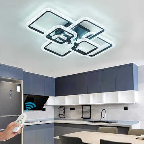 HIHIHOMY Modern LED Ceiling Lights for Living Room, Crystal Led Ceiling Light for Dining Room,Dimmable with Remote Ceiling Lamps for Kitchen,Black Flush Mount Led Ceiling Light with 6 Square Frame