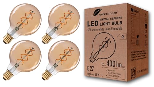 greenandco E27 G95 LED Vintage Filament Bulb 5W Replaces 35W 400lm 2000K Extra Warm White 360 230V, no Flicker, not dimmable, 4-Pack