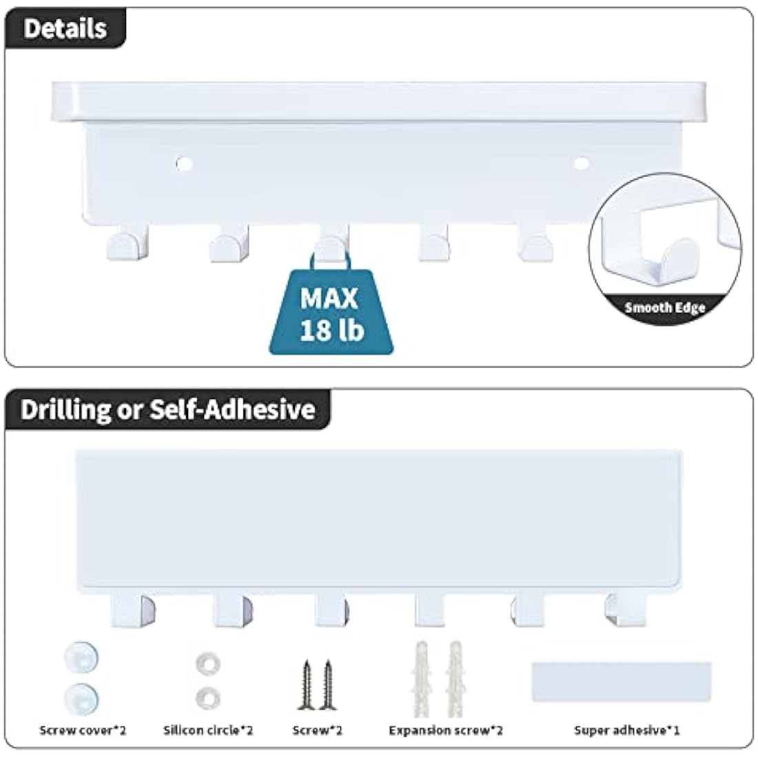 GTK Key Holder for Wall, Key Hooks with Tray and 6 Hooks, Wall Mounted Key Holder for Hallway, Key Rack with Shelf for Mail Storage (White)