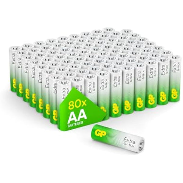 AA Batteries Pack of 80 1.5V / Mignon / LR06 / MN1500/ AM3 by GP Batteries AA Extra Alkaline Batteries ideal for: Toys/Controllers/Torch/Mouse Suitable for everyday use in a variety of devices