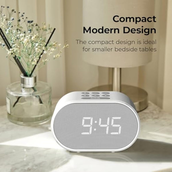 i-box Alarm Clocks Bedside, Radio Alarm Clock, Mains Powered or Battery, FM Radio, USB Charging Port, 5 Step Dimmable Display, Non Ticking, LED Display (White)