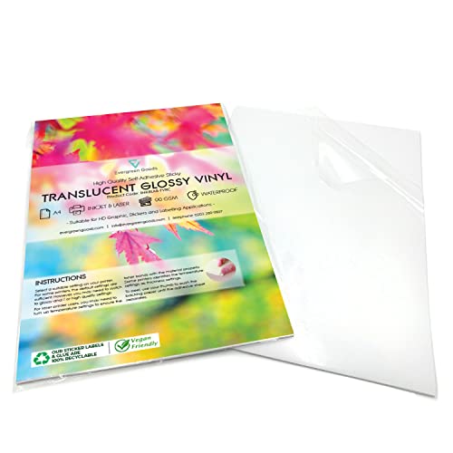 Evergreen Goods 100 Sheets A4 Waterproof Translucent Glossy Vinyl | Inkjet and Laser Printable | Semi-Transparent Low Opacity Self Adhesive PVC Sticker | Suitable for Cricut & Silhouette