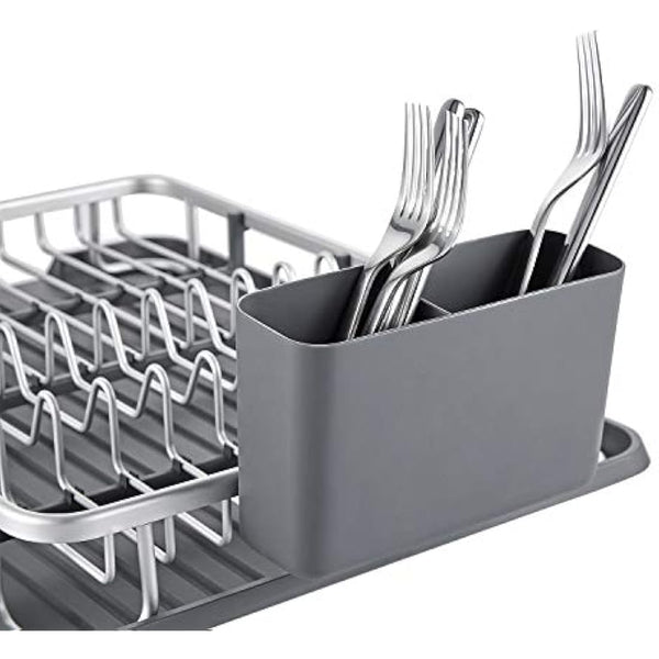 KINGRACK Aluminum Dish Drainer, Dish Drying Rack with Removable Drip Tray, Utensil Holder, Draining Board, Grey Dish Rack Drainers for Small Kitchens