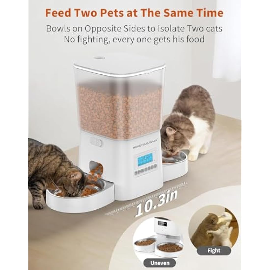 HoneyGuaridan Automatic Cat Feeders for 2 Cats, 3.5L Cat Food Dispenser with Double Bowls,Two Way Splitter Cat Feeder for Dry Food,Programmable 1-6 Meals Control, Dual Power Supply
