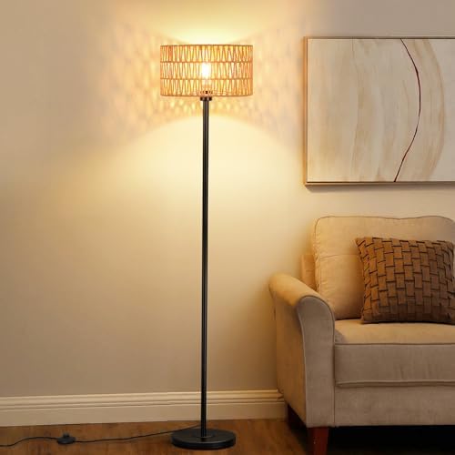 Floor Lamps for Living Room Rattan Boho Floor Lamp with 3 Color Temperature Black Standing Lamp with Rattan & Fabric Shades Tall Floor Lamp for Bedroom