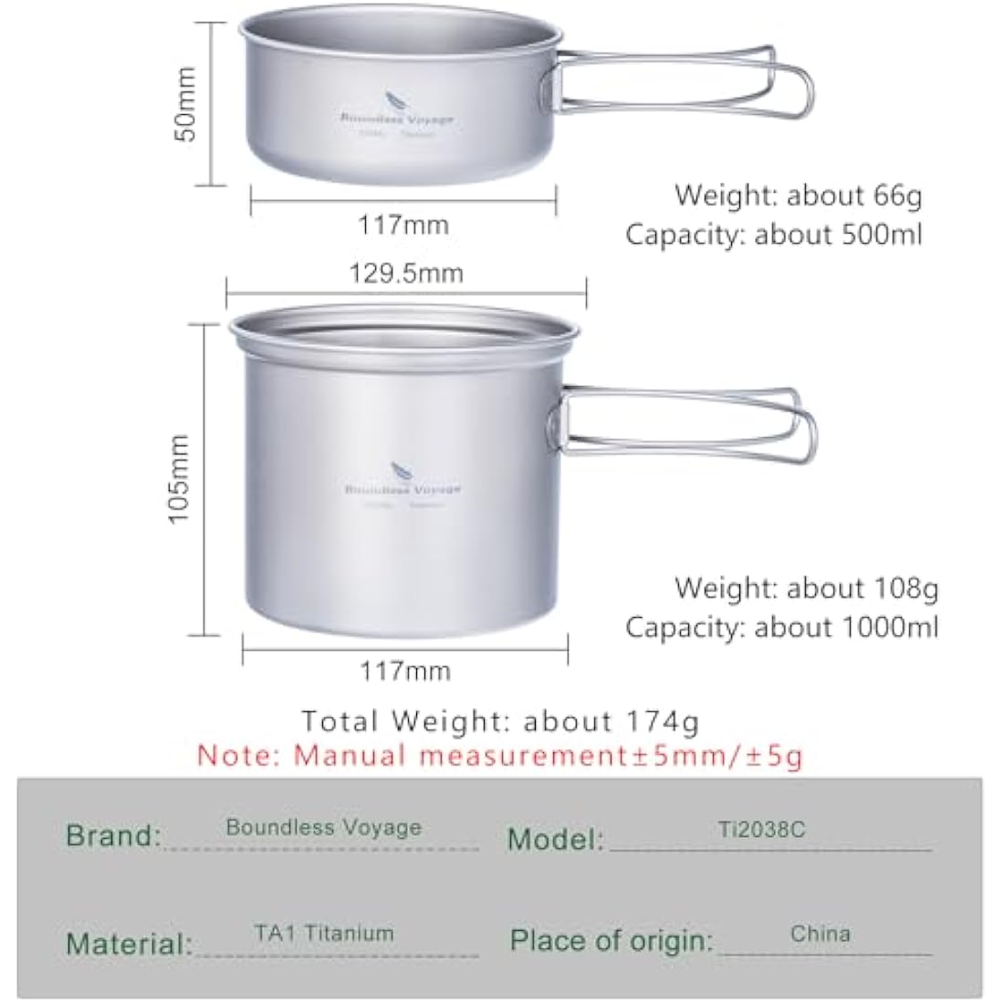 iBasingo Titanium Camping Pots Pans Set Lightweight Outdoor Backpacking Cookware with Folding Handle Compact Cooking Mess Kit Portable Travel Cookset, Rust-proof, Non-toxic