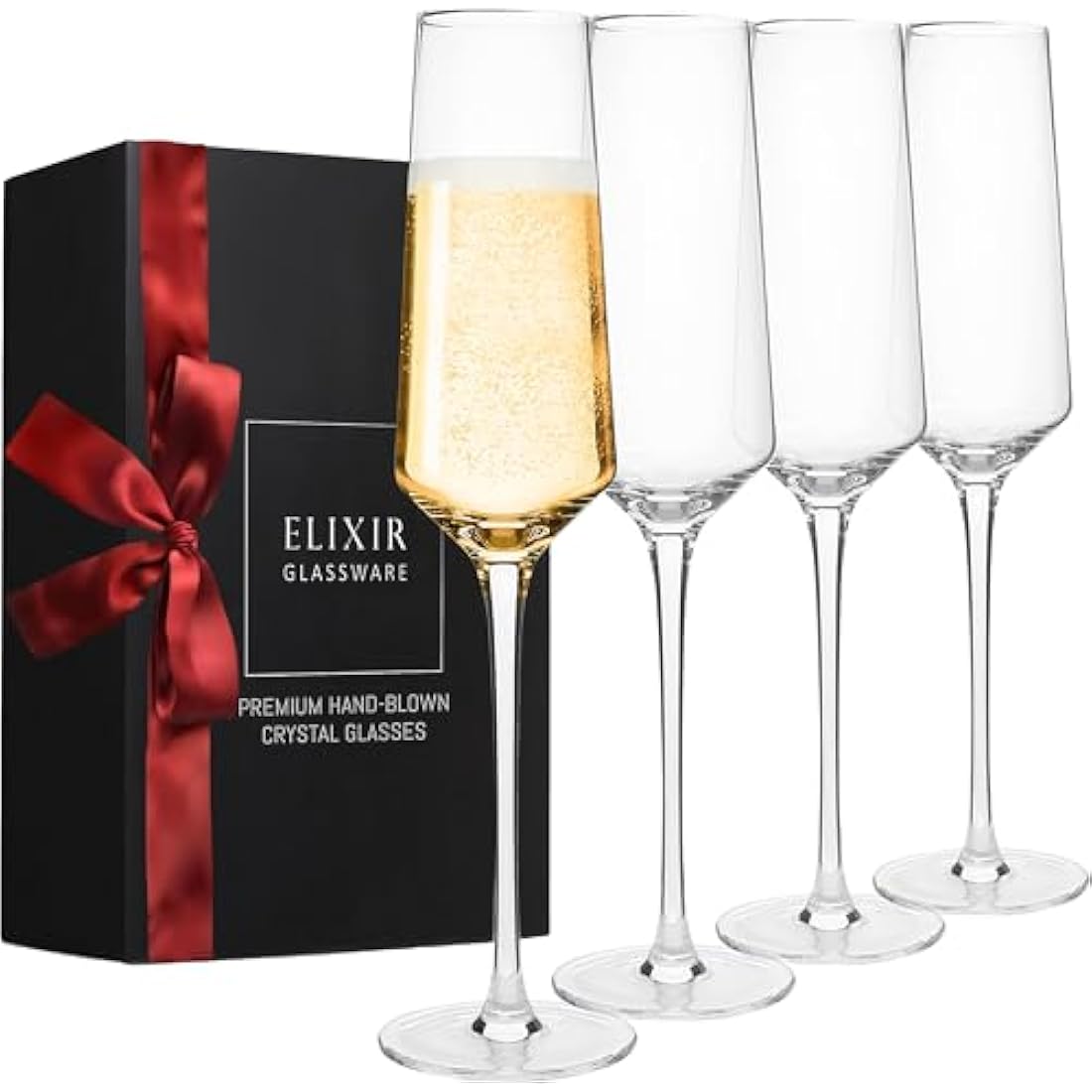 ELIXIR GLASSWARE Classy Champagne Flutes - Hand Blown Crystal Champagne Glasses - Set of 4 Elegant Flutes, 100% Lead Free Premium Crystal - Gift for Wedding, Anniversary, Christmas - 8oz, Clear