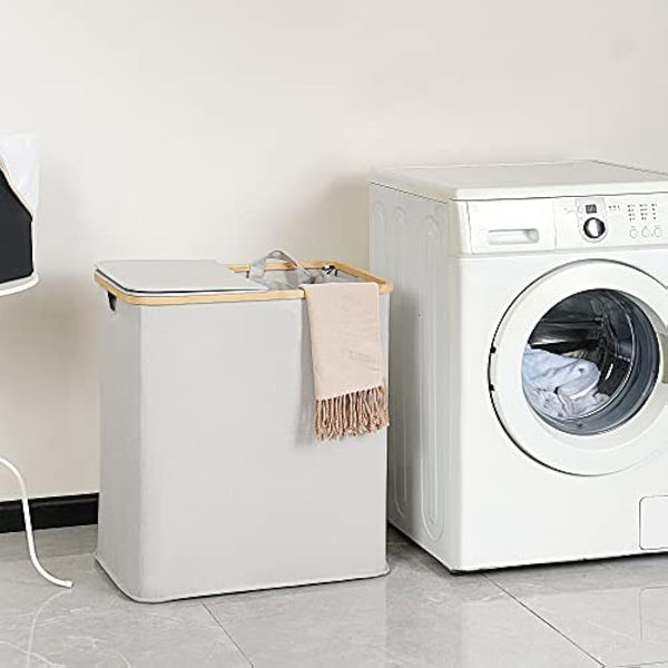 efluky 140L Laundry Baskets with Lid 2 Compartments, Large Laundry Hamper, Double Laundry Basket Laundry Storage with 2 Removable Bags, Light Grey