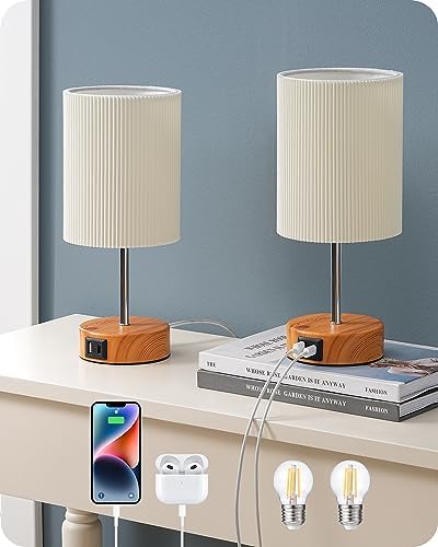 EDISHINE Bedside Lamps Set of 2, Touch Table Lamps with 2 USB Ports, Pleated Fabric Shade, 3 Way Dimmable Lamp for Bedroom, Living Room, Home Office, Wood (Bulb Included)