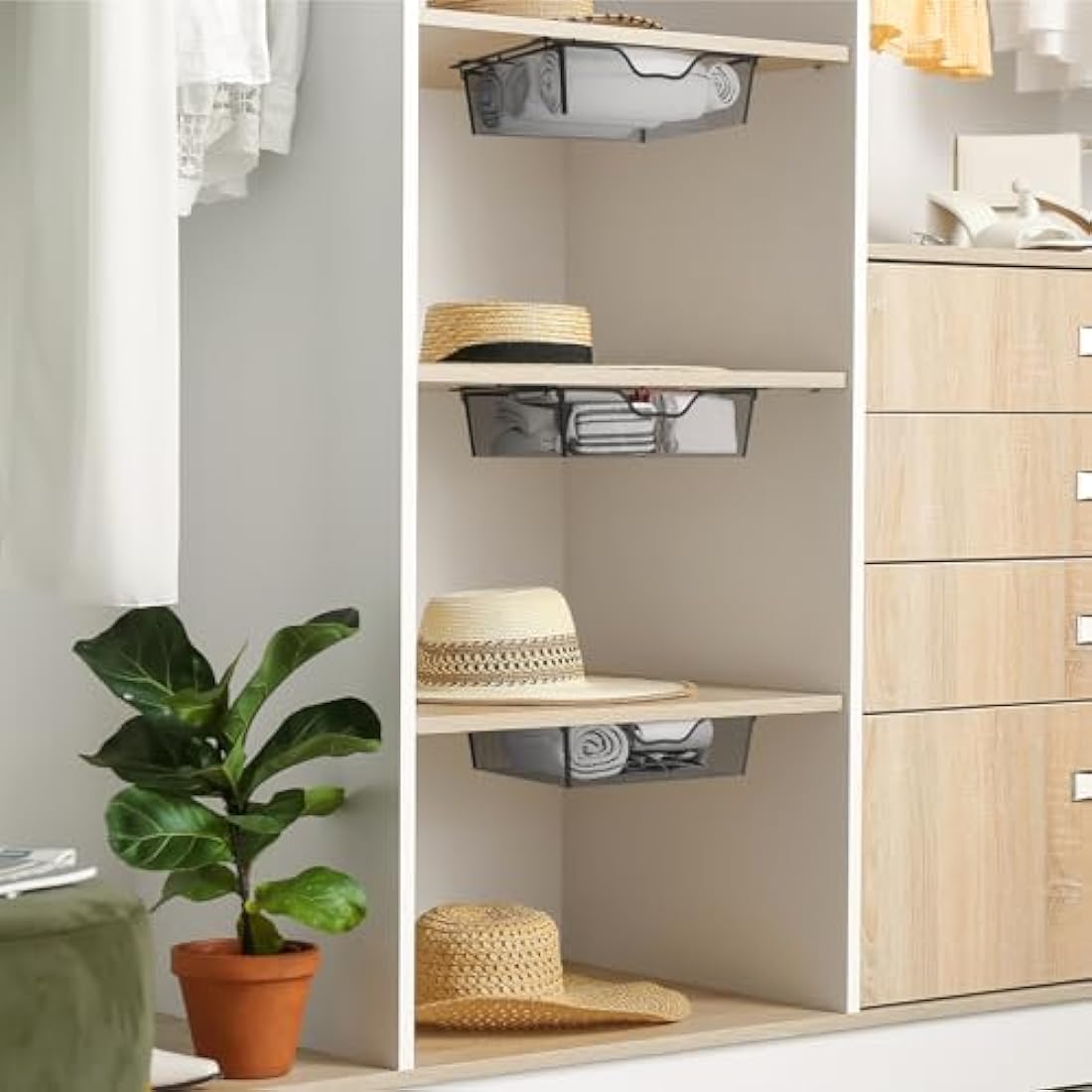 2 Pack Pull Out Basket Storage Under Shelf , Under Cabinet Hanging Drawer, Metal Wire Mesh Storage Basket Organizer for Kitchen, Office, Wardrobes, Cupboard Storage Black