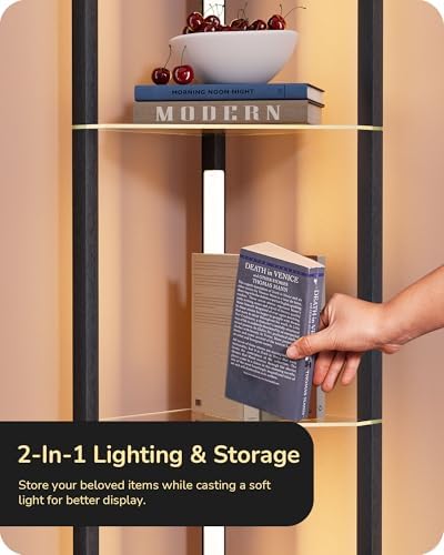 EDISHINE LED Floor Lamps with Glass Shelves, 4 Layers Wood Dimmable Standing Lamp, 360° Rotatable Poles, Corner Floor Lamps for Living Room Bedroom Office, Black