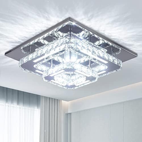 Finktonglan Modern Crystal LED Ceiling Light, 2-Square Chandelier Lamp Flush Mount Crystal Pendant Lighting Fixture for Dining Room Hallway Bar Kitchen Hotel Foyer Living Room, Cool White