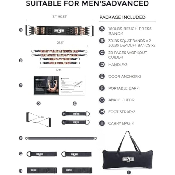 INNSTAR Portable Home Gym Set with Workout Bar, Bench Press Set, Squat Resistance Band, Door Anchor and More-Full Body Workout Equipment to Build Muscle and Shape Body