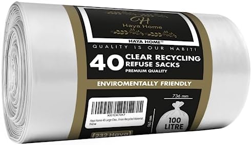 Haya Home 100L 40 Large Clear recycling bags Transparent Recycling Bin Bags, Rubbish Bags and Refuse Sacks 120 Gauge Bin Liners Heavy Duty Bin Bags Large Waste Bags From 100% Recycled Material