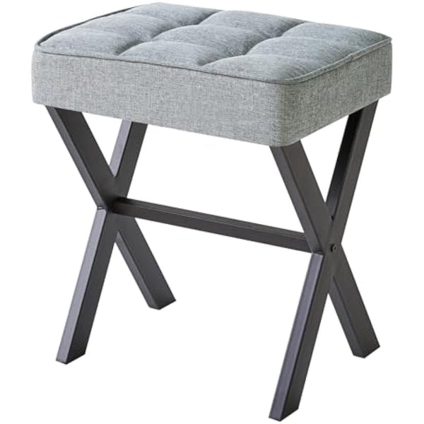 IBUYKE Square Makeup Stool with X-Leg Foot Rest, Linen Footrest Stool, Ottoman Seat Vanity Stool, Multi-Use as Small Side Table, for Bedroom, Living Room, Blue Gray L/G-70L