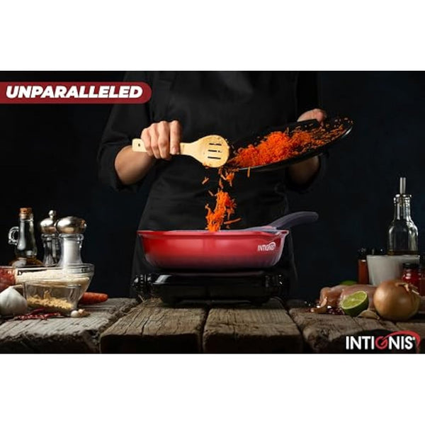 INTIGNIS Deep Non-Stick Frying Pan with Lid – 3-in-1 Sauté Pan, Skillet & Mini Wok – GREBLON Ceramic Coating | Induction Hob Safe | Stainless Steel Base |PTFE & PFOA Free (Red, 28 cm)