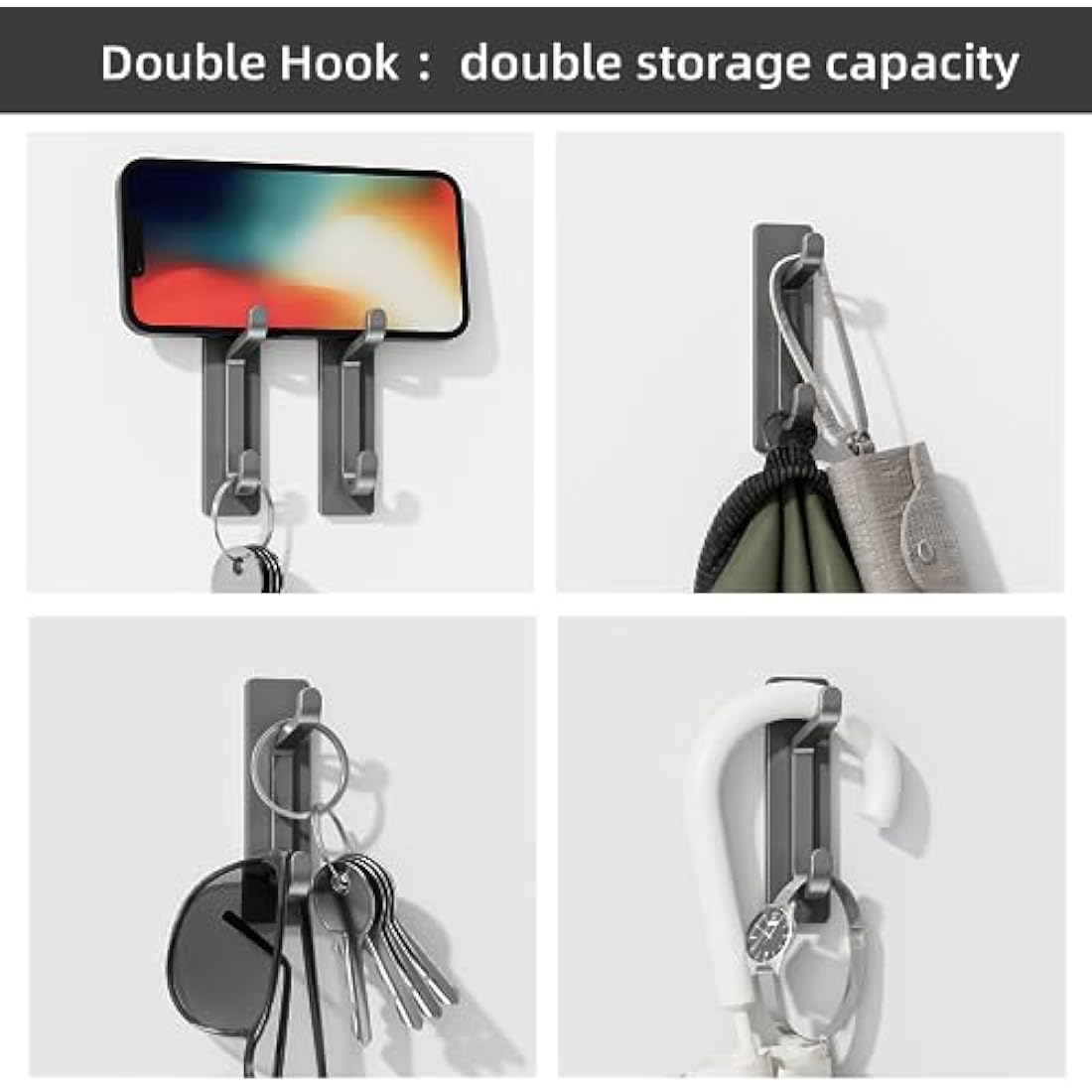 Stick on Hooks for Hanging, Extra Sticky 6KG (Max), Coat Hook on Door for Towel Coat Hat Key, Metal Stainless Heavy Duty, Self Adhesive Hangers Wall Mounted for Bathroom Shower Kitchen, Grey, 4 Pack