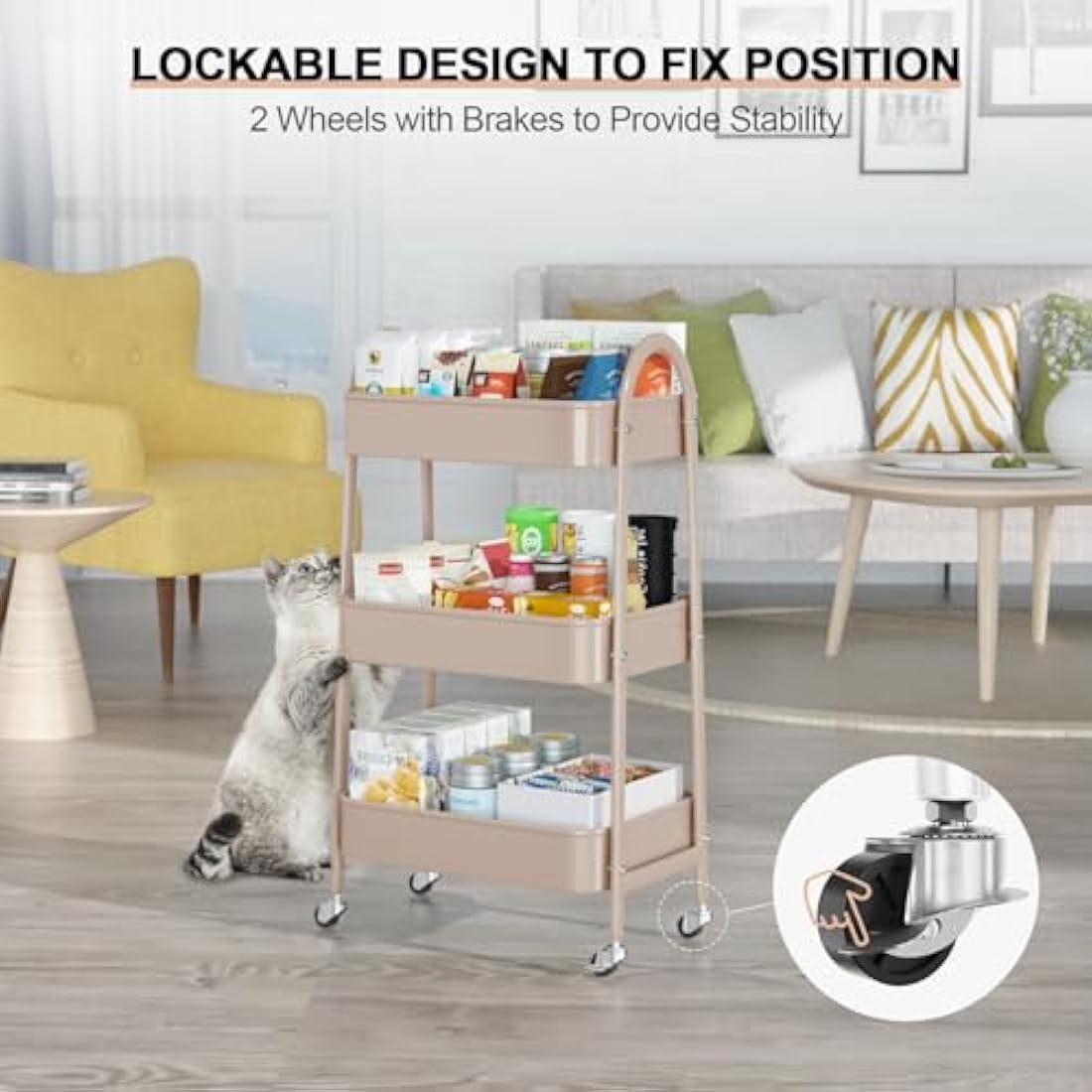 3 Tier Utility Rolling Cart, EAGMAK Metal Storage Cart with Handle and Lockable Wheels, Multifunctional Storage Organizer Trolley with Mesh Baskets for Kitchen, Living Room, Office, Garage (Beige)