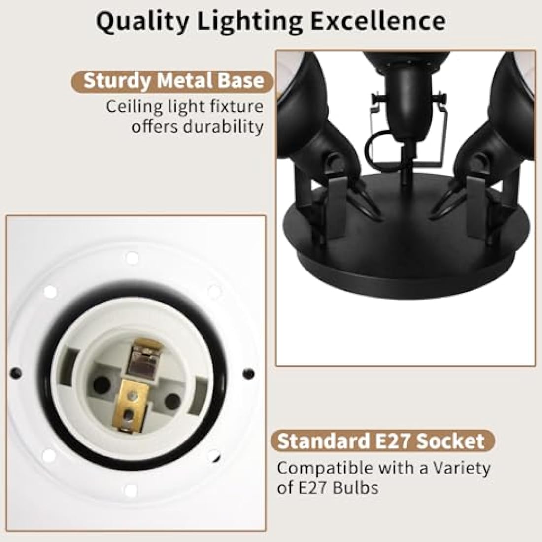 HiBay 3 Way Ceiling Light, Black Spotlight Fittings Ceilings Round Plate, Adjustable E27 Light Fitting, for Living Room Bedroom Hallway, No Bulbs