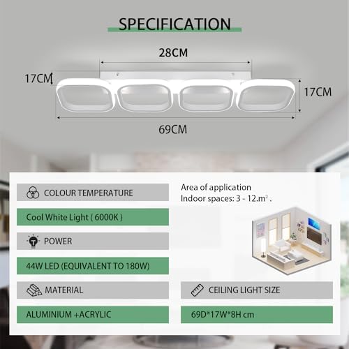 EIDISUNY Modern Led Ceiling Lights, 4 Square White Ceiling Lamp LED, Indoor Led Ceiling Lighting Fixtures for Porch Hallway Bedroom Living Room Kitchen Office Entrance - 44W Cool White Light (White)