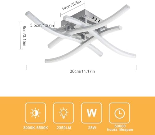 Dorlink LED Ceiling Lights, Modern Dimmable Light with Remote Control, Elegant Curved Design Chandelier 4 Built-in Boards, 28W 2350LM Silver Chrome Lighting for Living Room, Bedroom