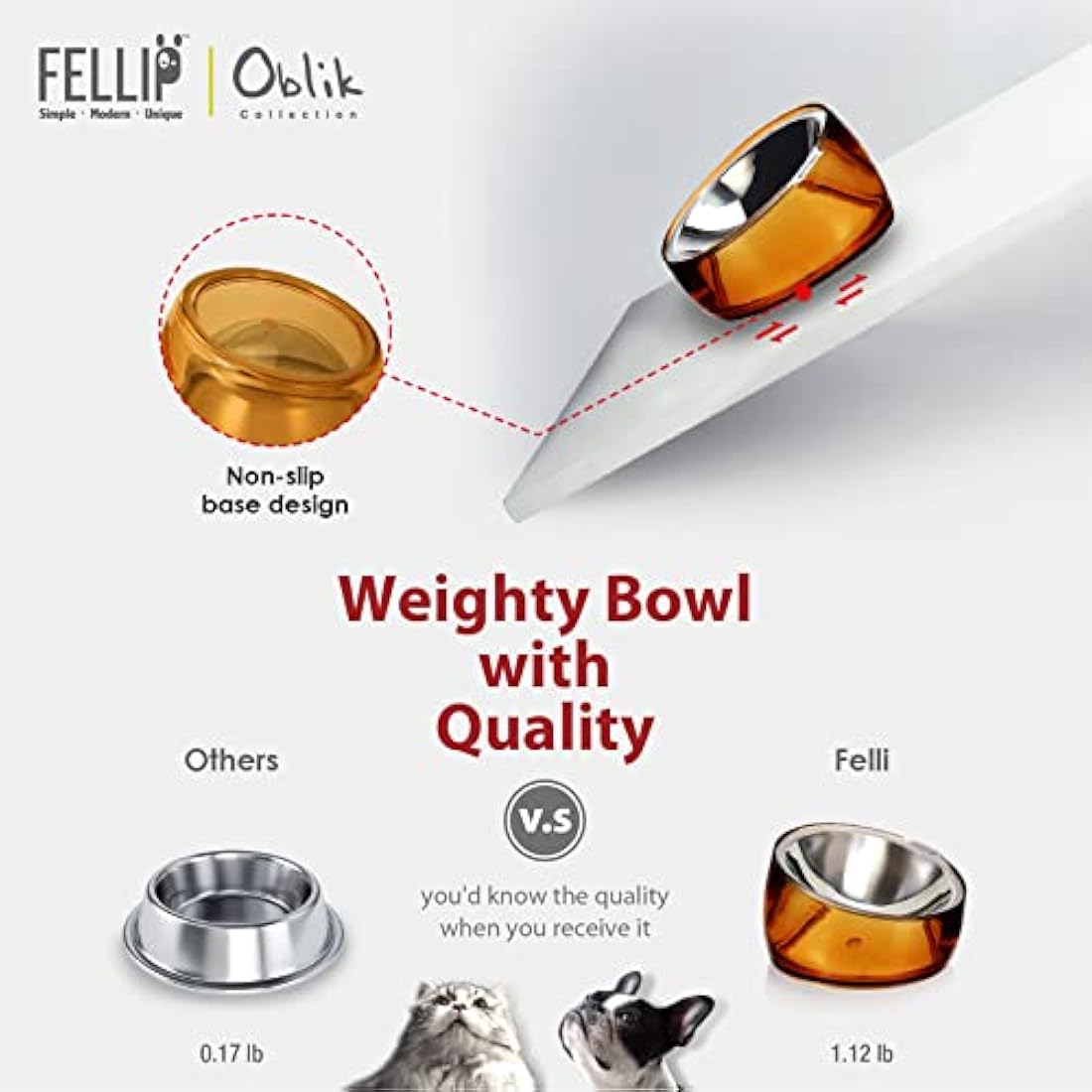 Felli Pet Whisker Stress Friendly Raised Angled Cat Wet Food Bowl Stainless Steel Shallow Dish Tilted, Anti Vomit, Slanted Feeding Plate Metal Elevated Acrylic Flat Faced Dog (0.5 Cups, Gold)