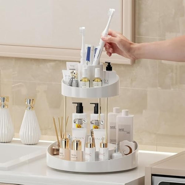 Baoswi 360° Rotating Makeup Organiser, 2 Tiers Perfume Organiser, Skincare Cosmetic Organiser, Dressing Table Organiser for Lipsticks, Makeup Brushes, Lotion, Perfume, Cosmetic (Beige)