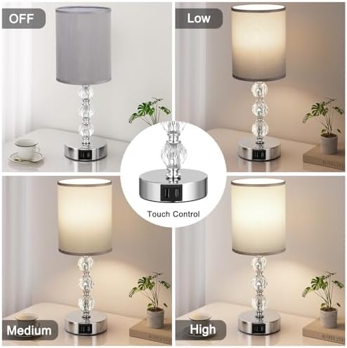 Aooshine Touch Table Lamp, Crystal Grey Bedside Lamps with 3 Way Dimmable, Small Bedside Lamp with USB C+A Charging Ports, Bedroom Lamps with Grey Fabric Shade for Living Room (LED Bulb Included)