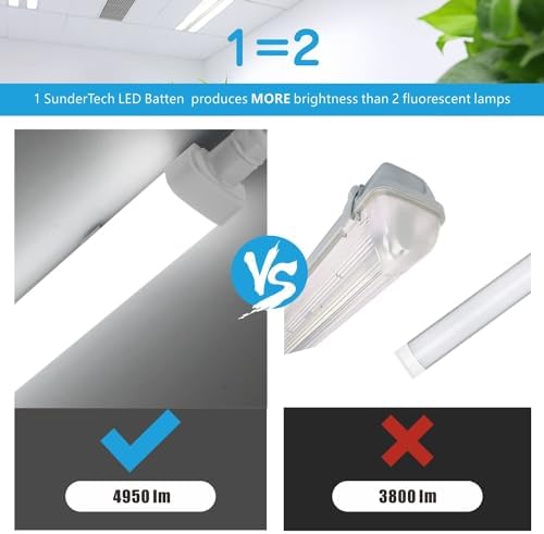 Sundertech 5FT Waterproof LED Batten Light, Pack of 2 with Built-in Connector for Shed, Workshop and Warehouse. 45W, 6500K Cold White Integrated Tube Light, IP65 Rated.