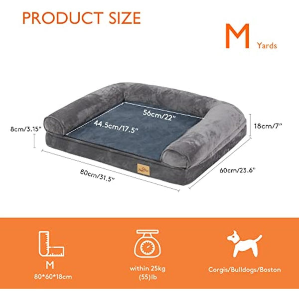 BingoPaw Medium Dog Sofa Bed: Memory Foam Orthopedic Pet Mattress Cushion Washable - Waterproof Calming Bolster Dog Couch with Pillow Grey L (80x60cm)