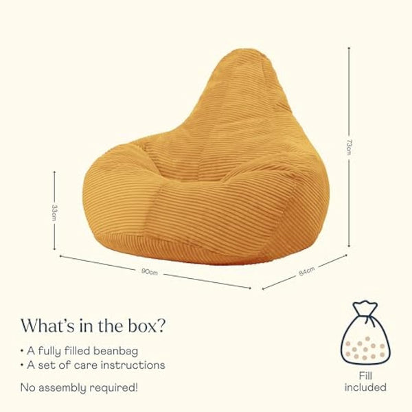 icon Dalton Cord Recliner Bean Bag, Ochre Yellow, Large Adult Bean Bag Chair with Filling Included, Comfy Chair, Living Room Furniture, Bedroom Furniture