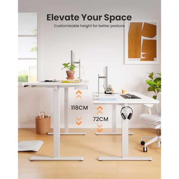 ErGear Electric Standing Desk 120 x 60 cm, Height Adjustable Desk, Sit Stand Table with Easy-Glide Drawer & 4 Memory Smart Pannal, T-Leg Design for Stability, Splice Board, White Frame & Surface