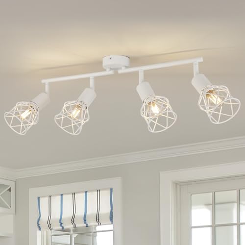 FORCOSO Ceiling Lights Spotlight, 4 Way Spot Lights 350°Adjustable, E14 Base White Light Shade Metal Wire Cage Light Fittings, Industrial Wall Ceiling Lamp for Kitchen Living Room Hallway Bedroom
