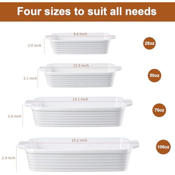 Jassceram Ceramic Casserole Dish Set of 4 Deep Rectangular Lasagna Pan Baking Dishes with Handles Large Porcelain Oven Safe Bakeware for Cooking Brownie Banquet Mac&Cheese(9.6"/11.5"/13.1"/15.2")