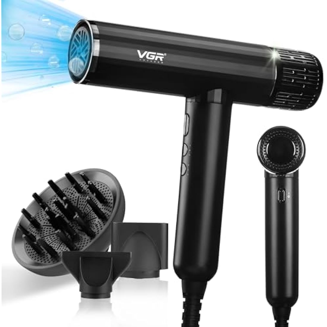 VGR Professional Hair Dryer - High Speed Powerful Brushless 11000 RPM - Fast Dry Negative Ionic - Lightweight Blow Hairdryer with Diffuser for Curly Hair and Nozzle - Quiet Low Noise