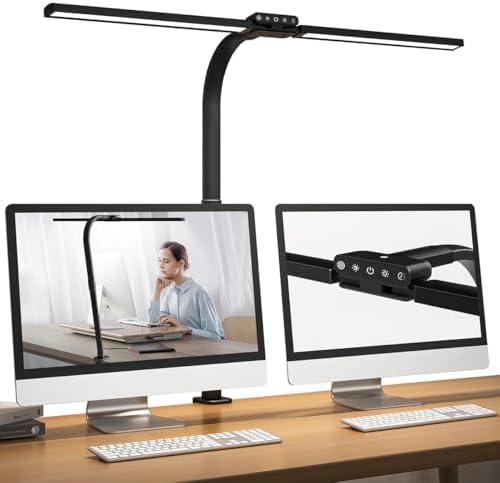 Hapfish LED Clamp Desk Lamp for Office, 24W Double Head Monitor Light Bar, Super Wide & Bright, 5 Color Modes and 5 Dimmable, Eye Protection Gooseneck Clip Table Lamps for Study Computer Screen