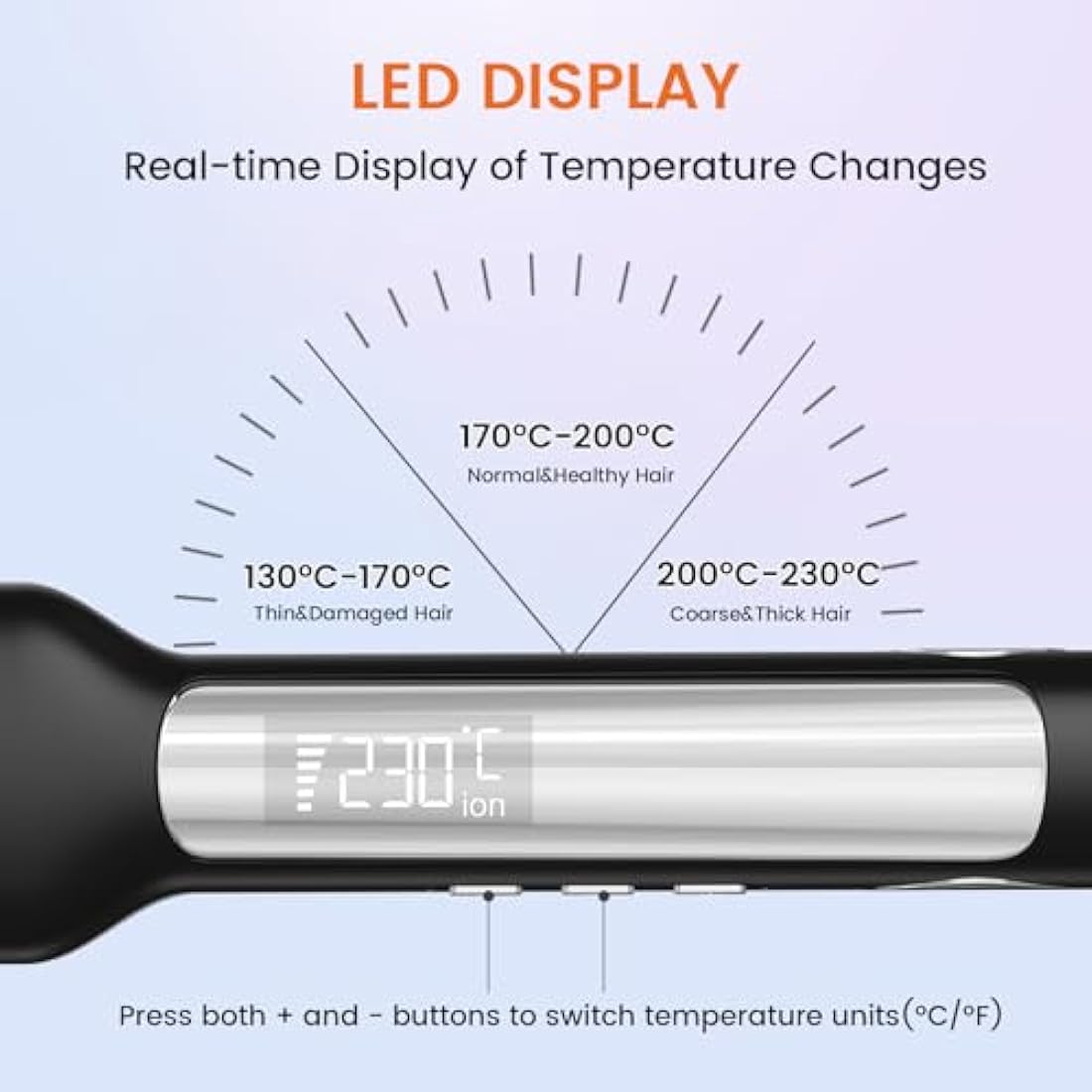 Faszin Professional Hair Straighteners, 42mm Wide-Plate Titanium Negative Ion Flat Iron, 30s Rapid Heating, Real-time Temperature Display, 11 Adjustable Temperature Levels (130-230℃)-Black