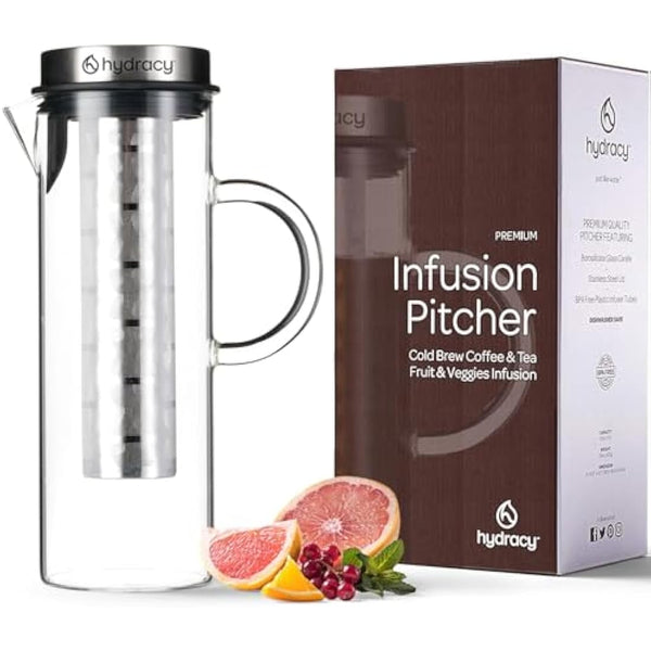 Hydracy Glass Infusion Carafe 1.5L with Handle- Cafetières Hot Coffee Server - Iced Coffee & Iced Tea Jug with Stainless Steel Lid and Filter - Extra Fruit Infusion Tube - Dishwasher Safe Pitcher