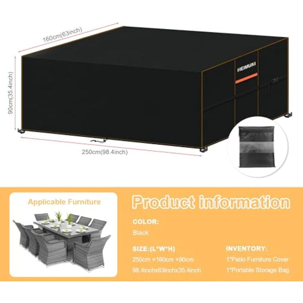 HEIMUNI Outdoor Garden Furniture Covers Waterproof, 250x160x90cm Large Garden Furniture Cover Heavy Duty 420D Oxford Fabric Rattan Sofa Covers for Outside Garden Furniture, Patio Table and Chair Set