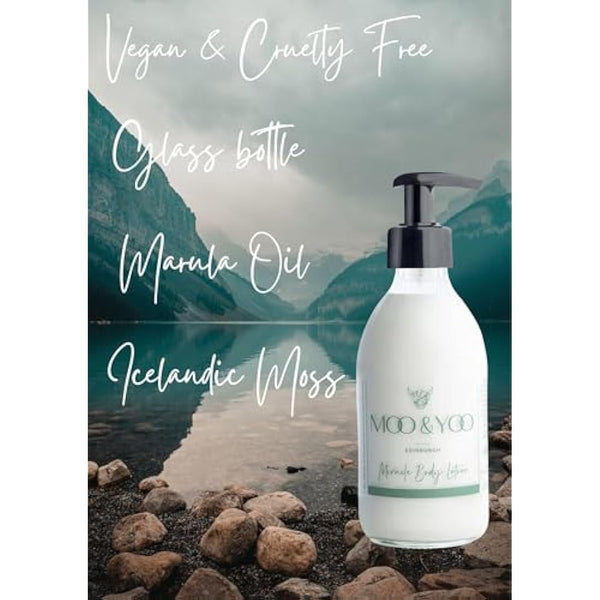 Moo & Yoo Miracle Body Lotion - Marula Oil & Icelandic Moss - Moisturising Cream for Men & Women - Natural Skin Care - Vegan & Cruelty Free - 250ml Recyclable Glass Bottle