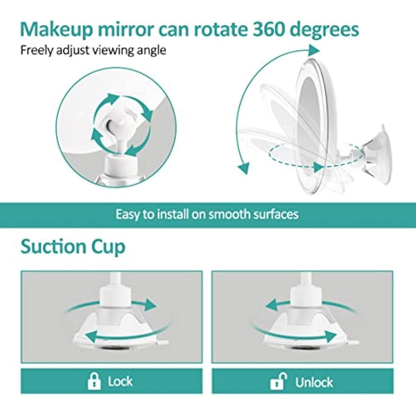 EMKE 5X Magnifying Shaving Mirror with Light, LED Travel Makeup Mirror with Locking Suction Mount | 360° Swivel | Cool Light | Battery, Portable Illuminated for Bathroom, 175mm (UCM03BTMX1W)