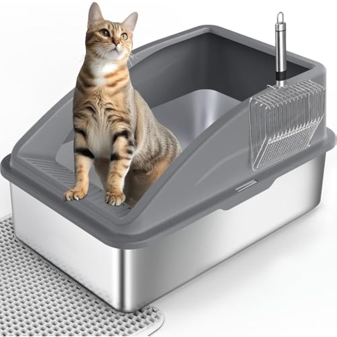 FURTIME Stainless Steel Cat Litter Tray Grey with Detachable Enclosure, 31cm High Sided Cat Litter Box Anti-Spillage and 60cm Extra Large Litter Tray with Lid for All Cats, with Litter Scoop & Mat