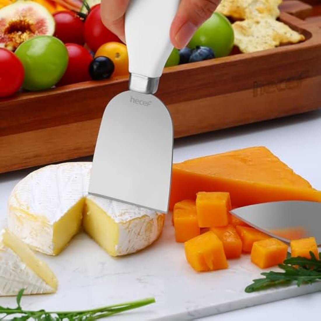 hecef Acacia Wood Cheese Board Set, Cheese Platter with 2 Slide-Out Drawers& Cutlery Set& Snack Plates& Marble Cheese Slate, Charcuterie Board for Serving Housewarming Gifts (White)