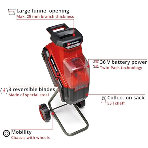 Einhell Power X-Change Cordless Garden Shredder - 3 Reversible Steel Blades, 25mm Branch Capacity, Large 55L Collection Sack - REDAXXO 36/25 Battery Powered Mulcher for Leaves and Branches