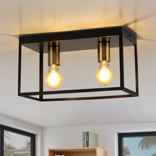 FORCOSO Black Ceiling Lights 2 Lights, Modern Industrial Ceiling Light E27 Flush Mount, LED Metal Cage Ceiling Light Fixture for Bedroom Living Room Kitchen Hallway Staircase max.60W - NO Bulb